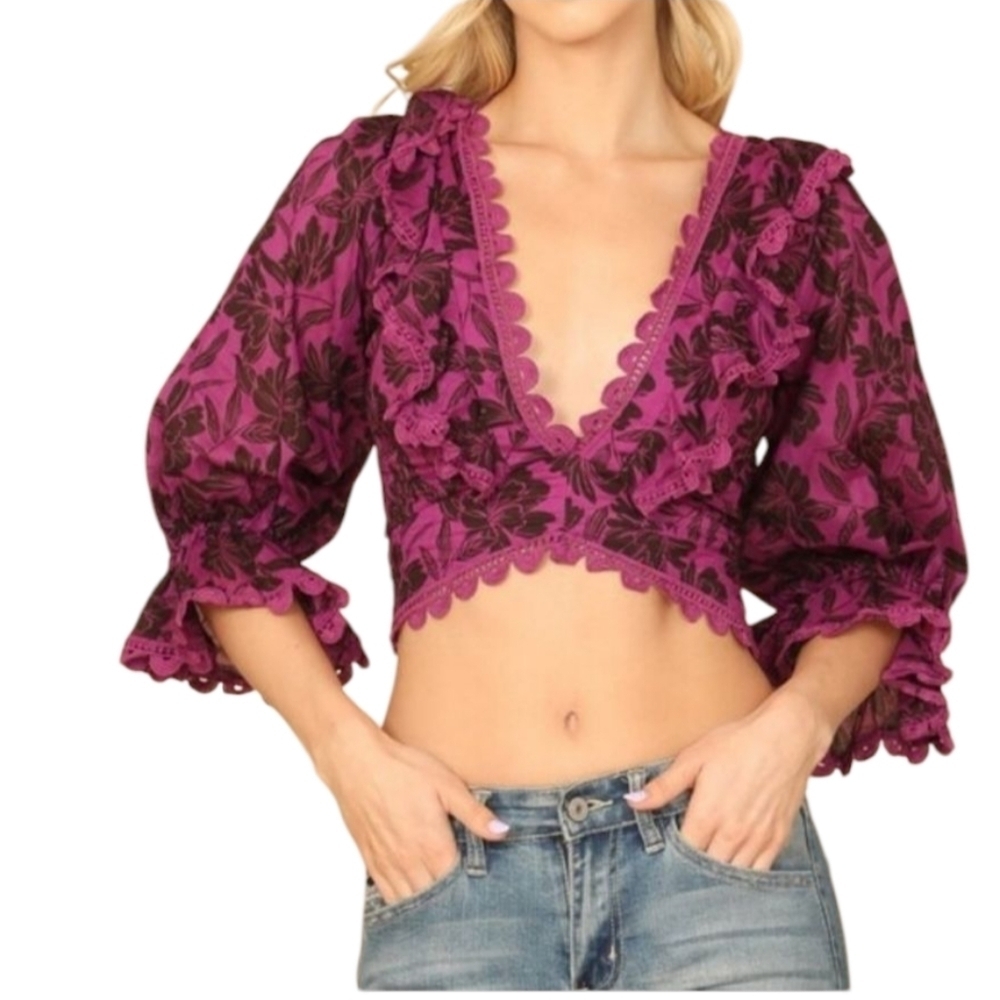 Flounce Sleeve Plunging Eyelet Ruffle Crop Top